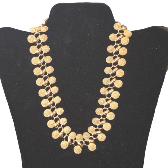 Unmarked VTG MCM Gold Tone Textured Double Disc Link Necklace & Bracelet Set - Picture 2 of 8